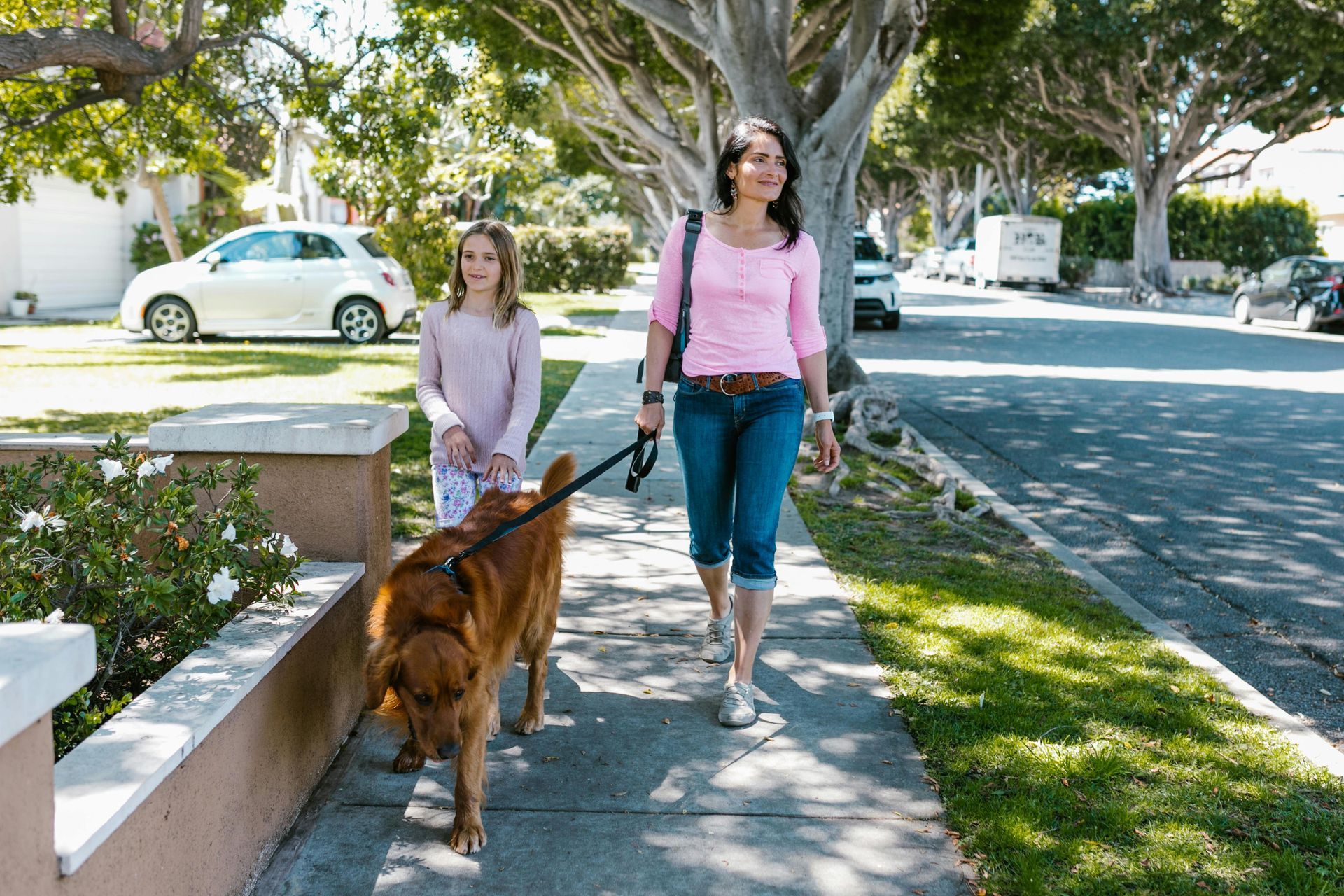 A mother and child walking a dog through a quiet neighborhood of Santa Clarita.

