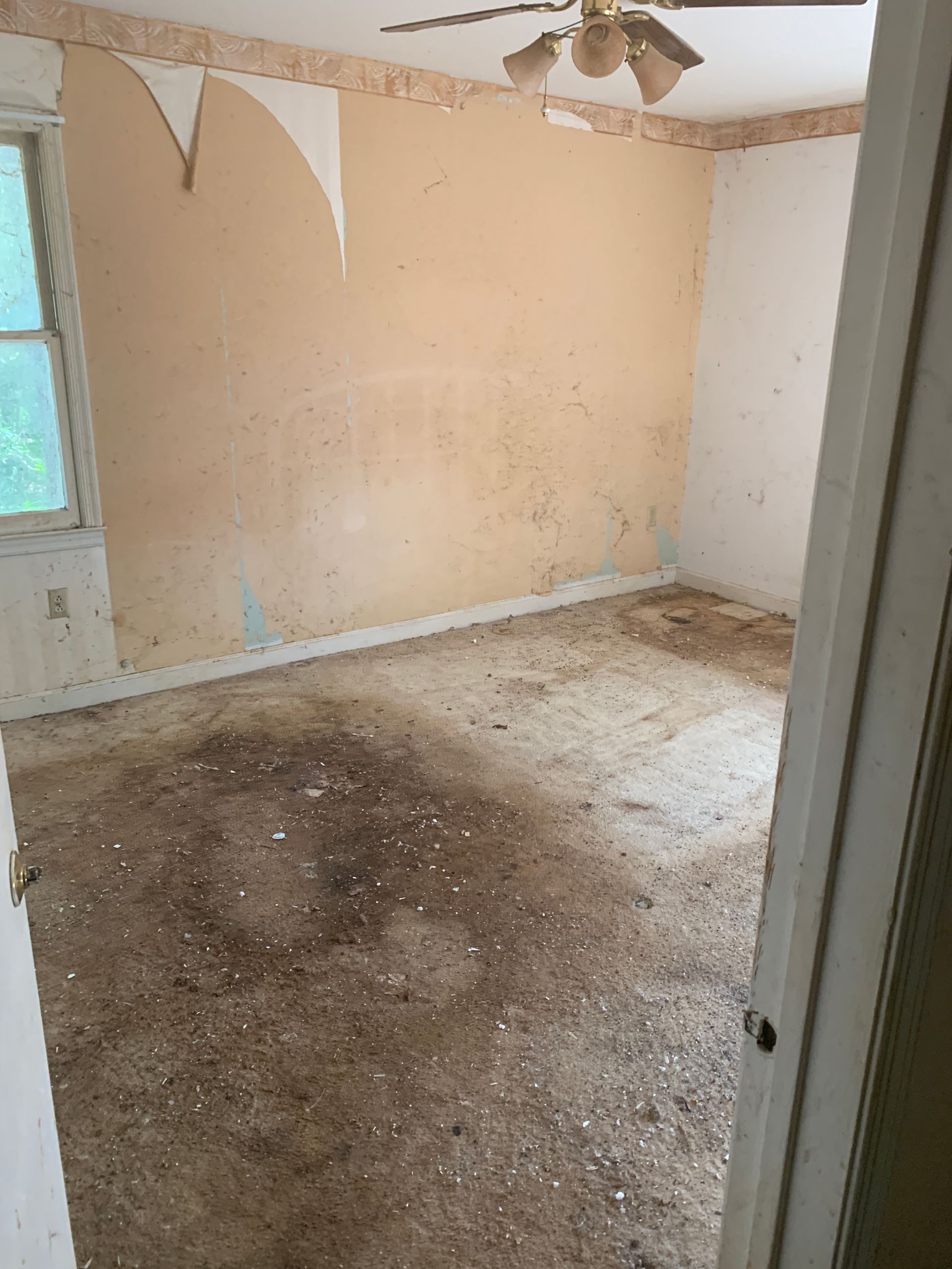 A dirty, empty room with damaged walls and floor, and a ceiling fan.