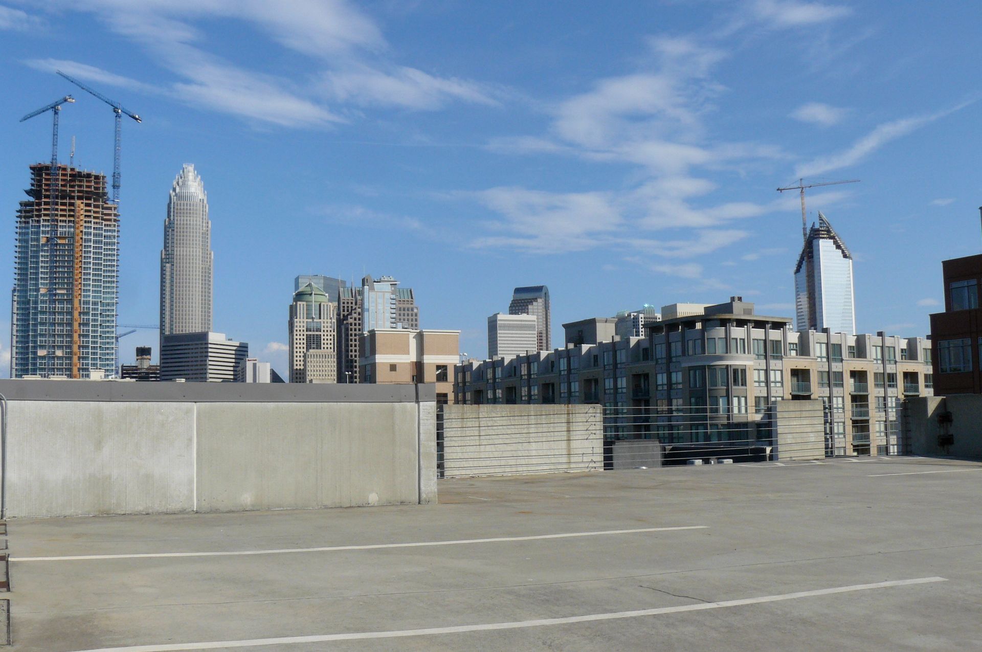Skyline of Charlotte, NC, from a rooftop parking lot, with construction cranes against a blue sky.