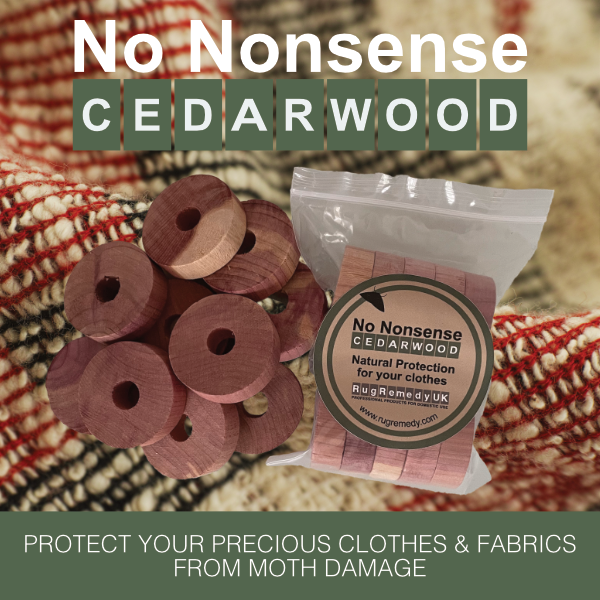 Photo of a rug with with a bag of No Nonsense Cedar Rings and some lose rings next to the bag.