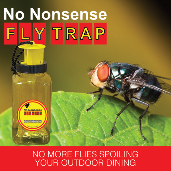No Nonsense Fly Trap with a photo of a fly on a leaf.