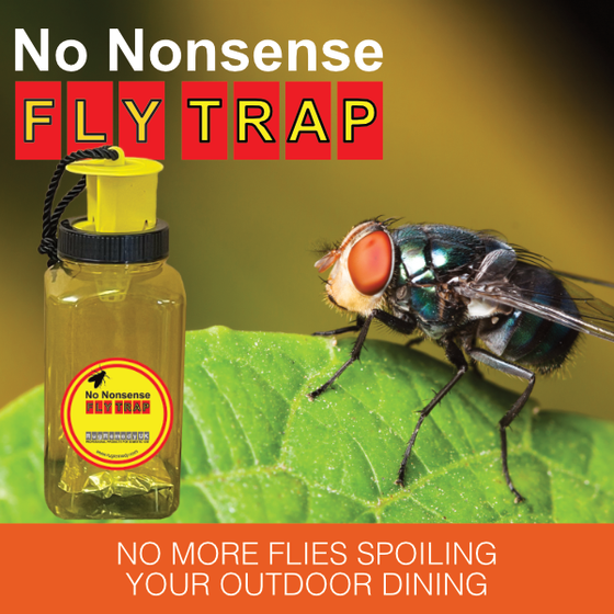 No Nonsense Fly Trap with a photo of a fly on a leaf.