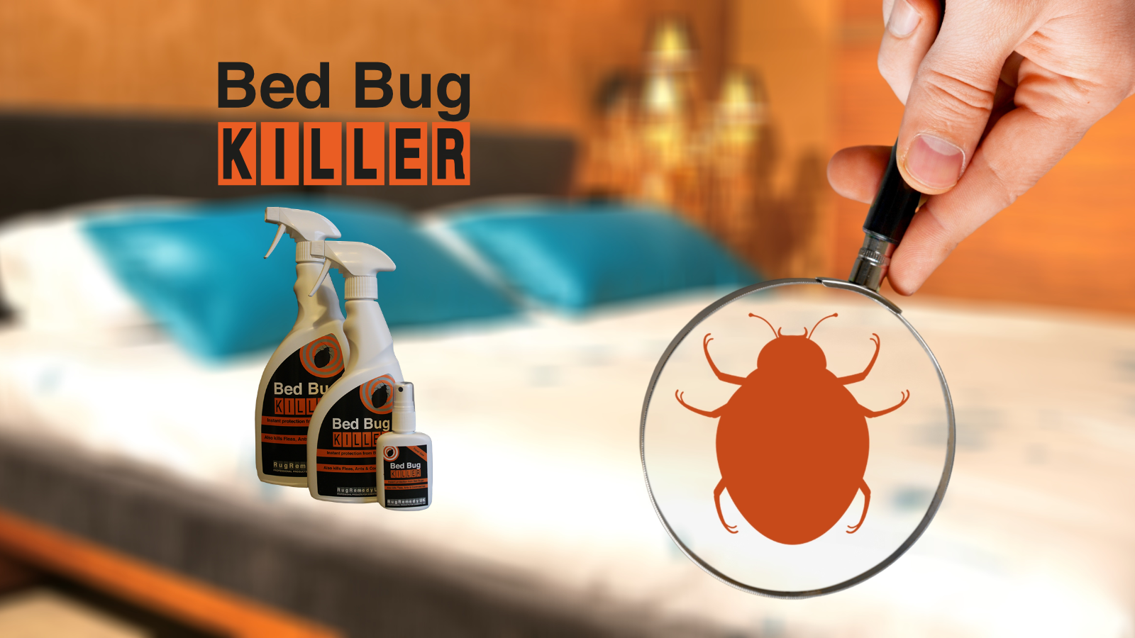 Image of an unmade bed with Bed Bug Killer bottles and the caption 