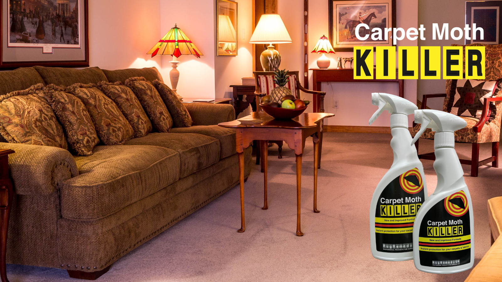 Picture of a sitting room with a rug and Carpet Moth Killer bottles.