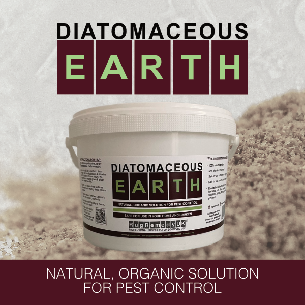 Picture of a tub of Diatomaceous Earth with a pile of the product in the background.