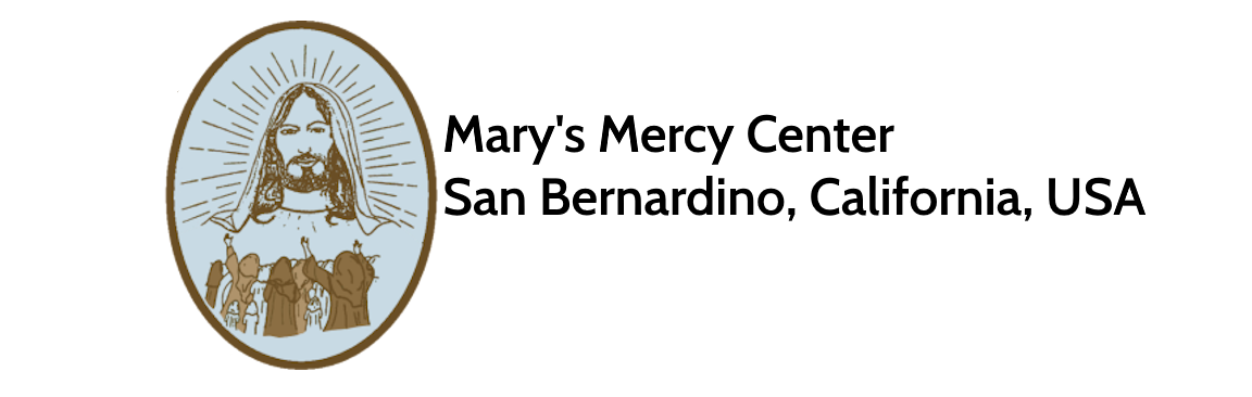 Logo for Mary's Mercy Center, San Bernardino, California, USA, with an illustration of a saintly figure.