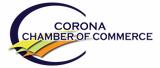 Corona Chamber of Commerce logo with blue arc and layered yellow, green, and orange shapes.