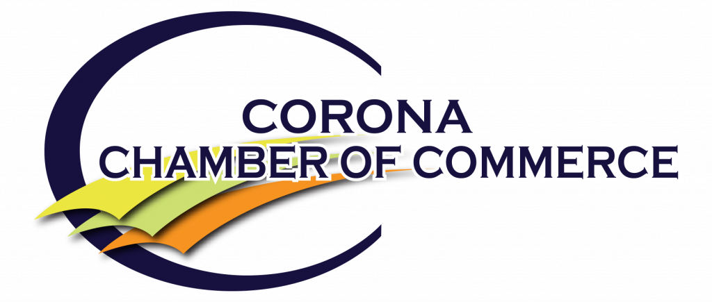Corona Chamber of Commerce logo with blue arc and layered yellow, green, and orange shapes.