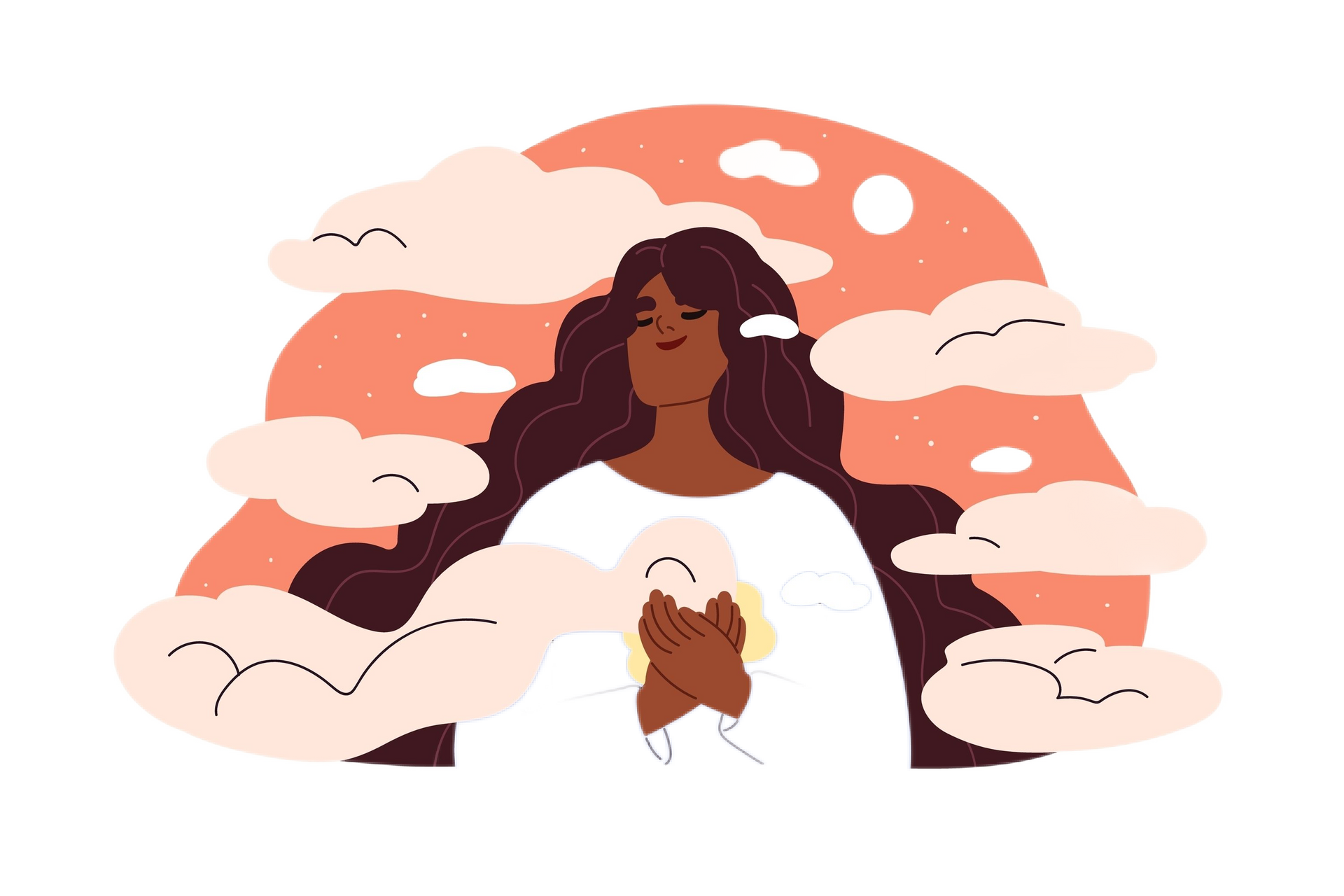 A woman with long hair is praying in front of a cloudy sky.