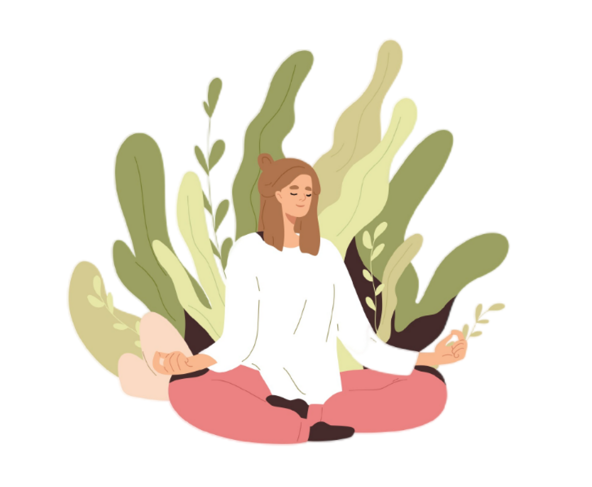 A woman is sitting in a lotus position surrounded by leaves.