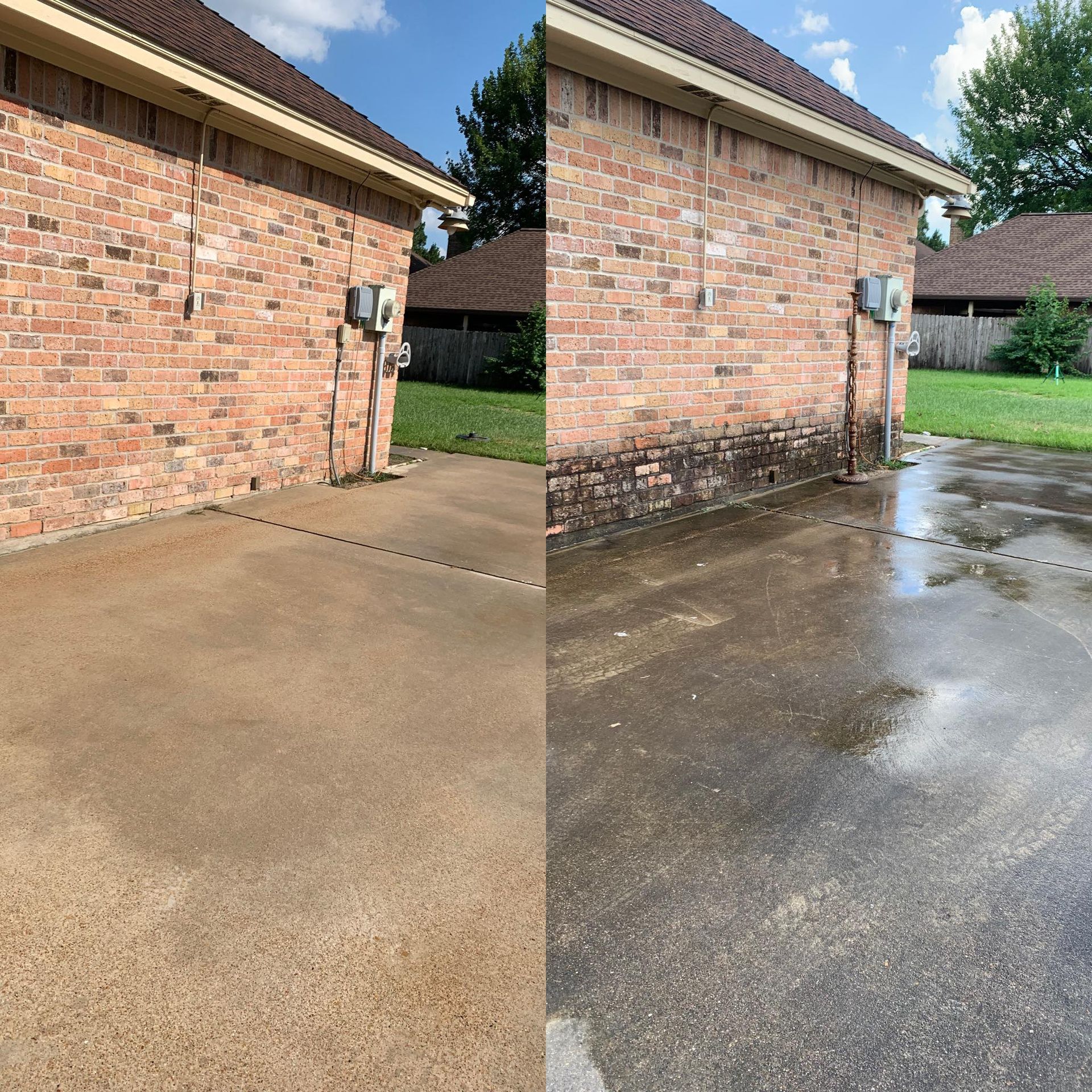 Before and after comparison: power washed brick wall and concrete patio, showing removal of dirt and mildew.