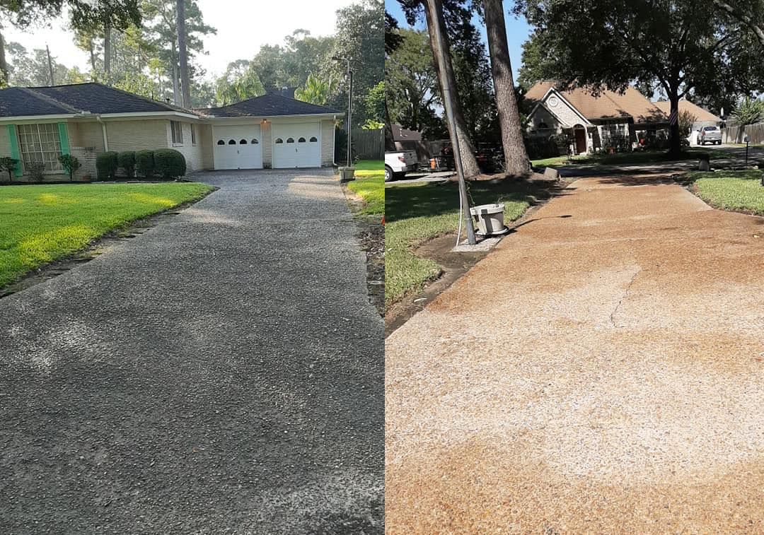 Before and after photos of a driveway, showing power washing results. 