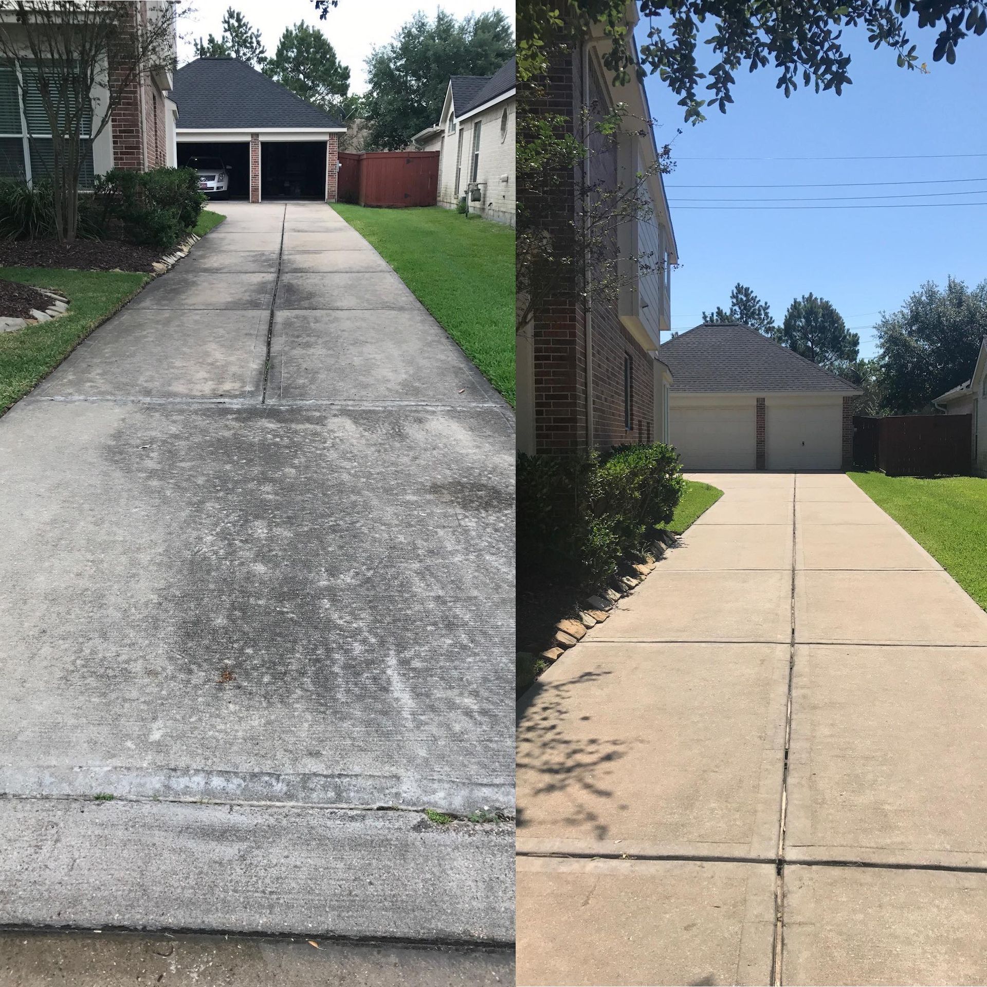 Before and after view of a driveway: left side dirty, right side clean. Both sides show a house with a garage and green lawn.