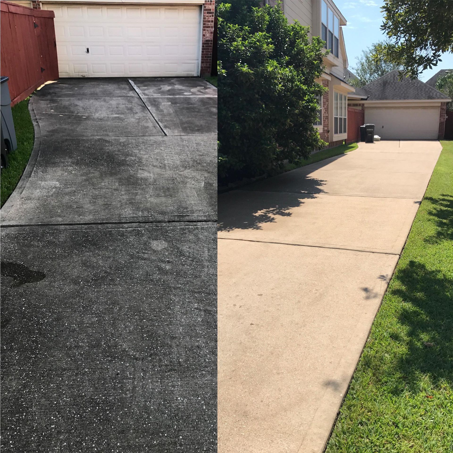 Driveway power washed clean; comparison before and after. Concrete surface, house and garage in view.