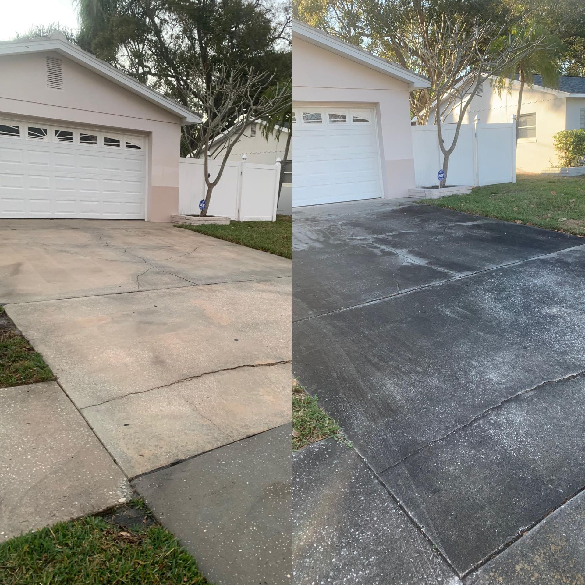 Comparison: A before and after shot of a driveway; the right side is stained, and the left is cleaned.