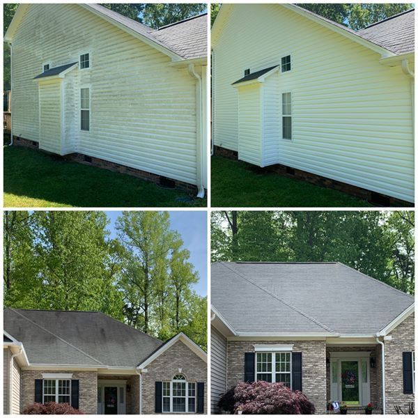 Four side-by-side photos: dirty house exterior and roof, then cleaned exterior and roof.