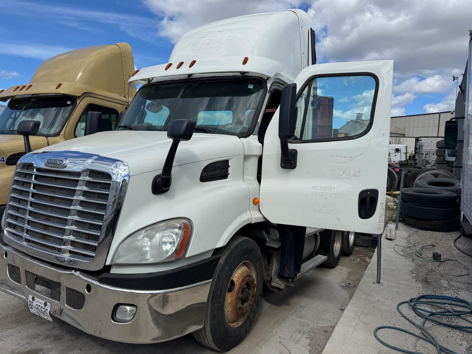White Freightliner semi-truck with open door, parked outdoors.