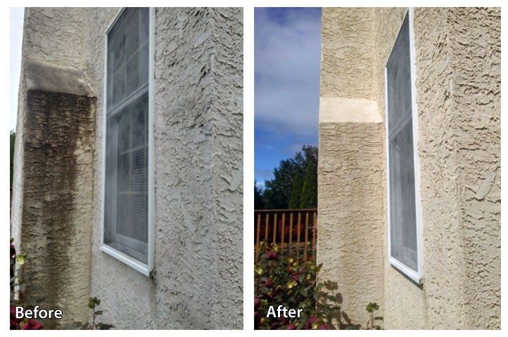 Exterior wall before and after cleaning. Dark grime removed, revealing a cleaner, lighter stucco finish.