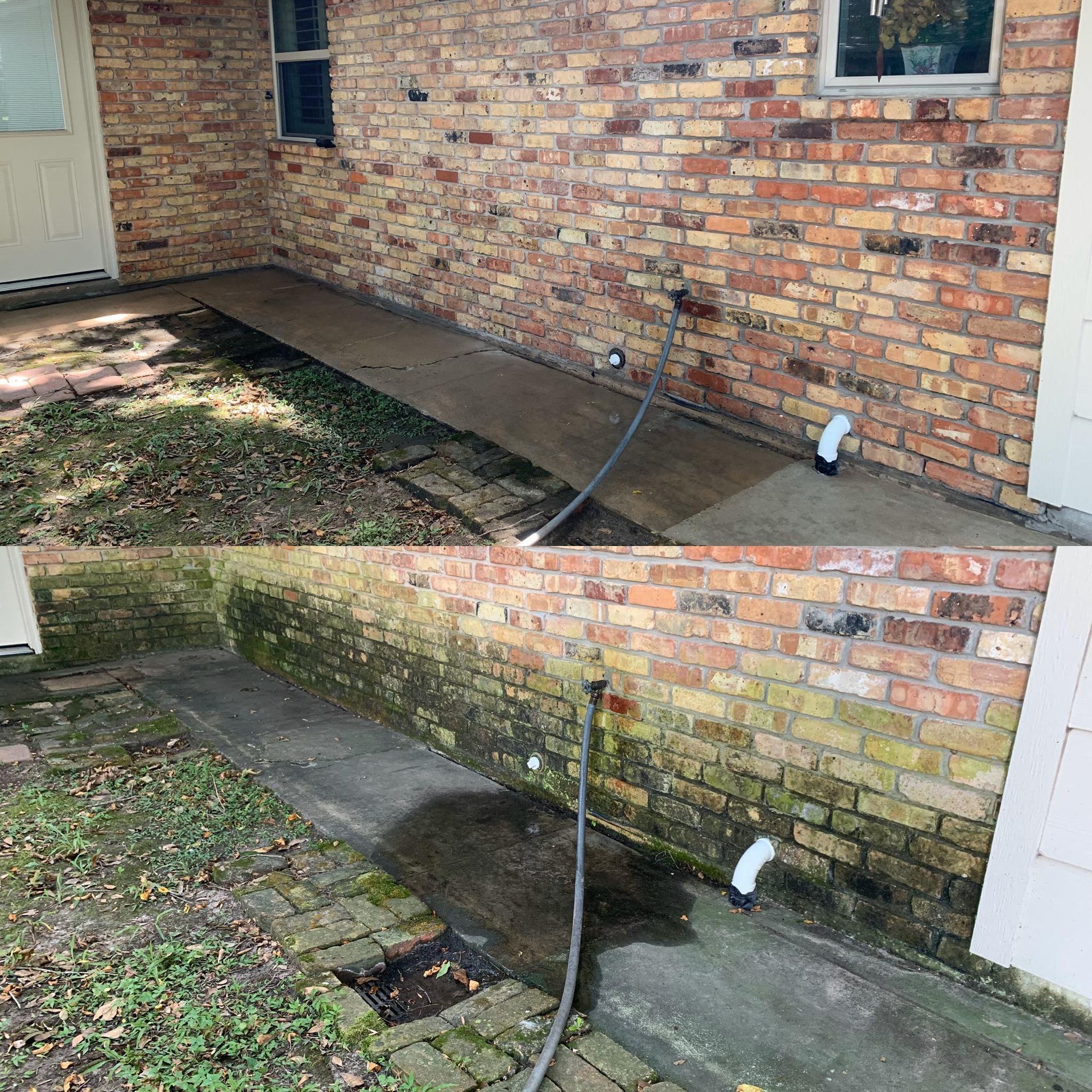 Comparison of a brick wall and concrete walkway before and after cleaning. The 