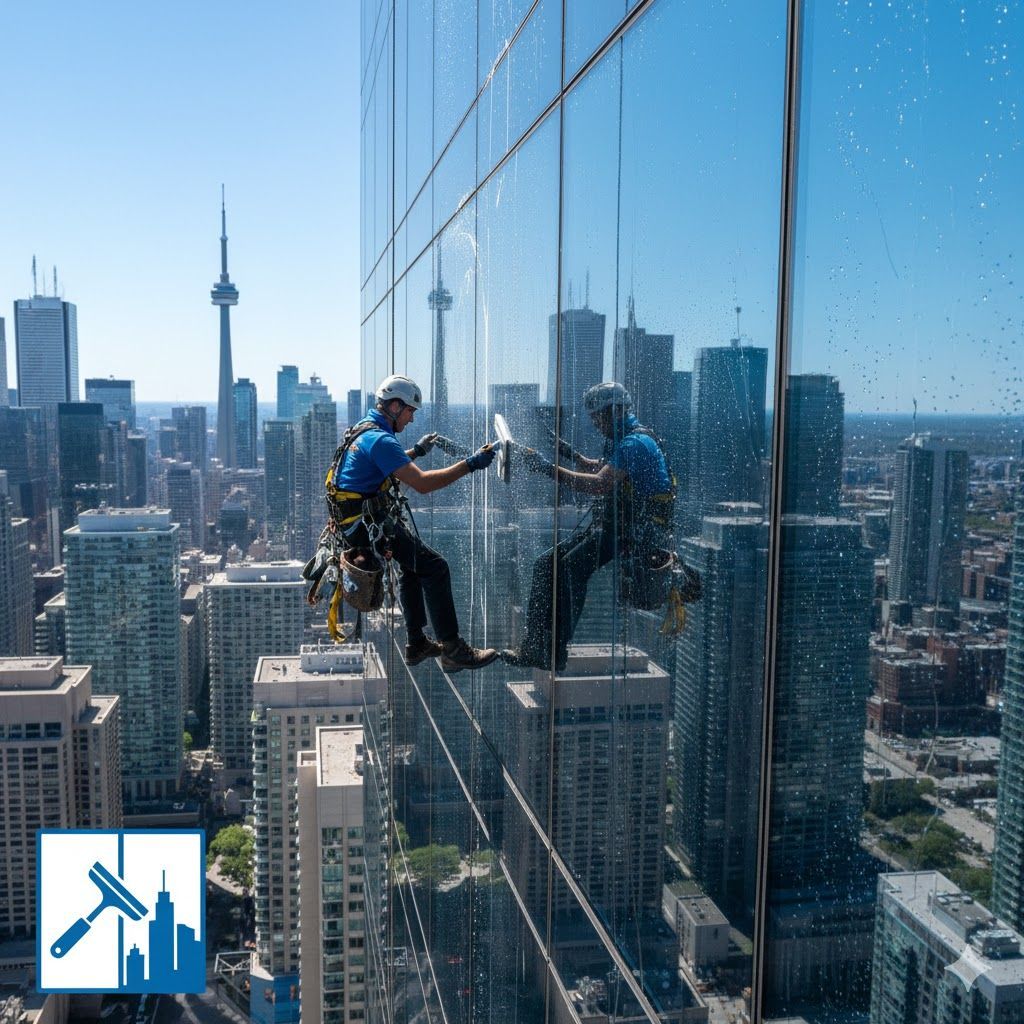 Window washer cleaning skyscraper windows in Toronto, with a city skyline view.
