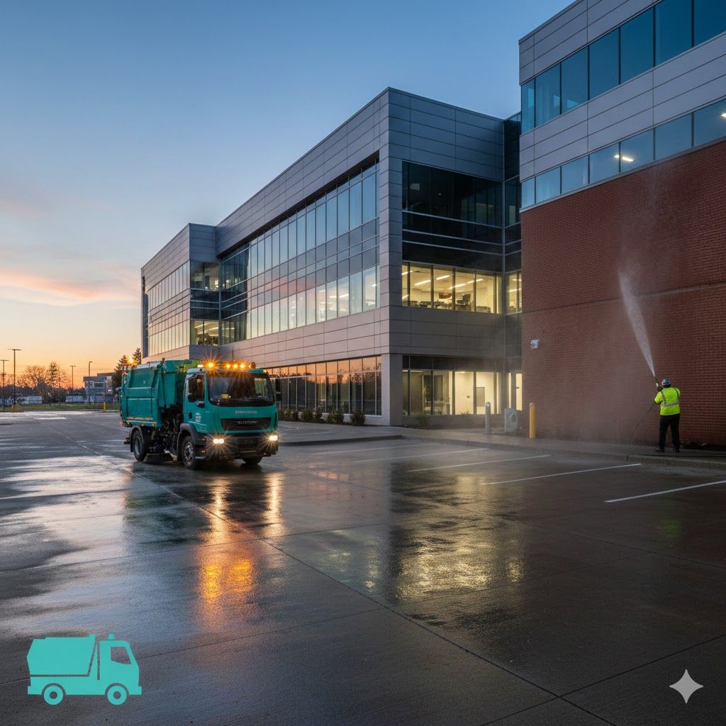 Garbage truck driving in front of a modern building, a worker is spraying water at the building.