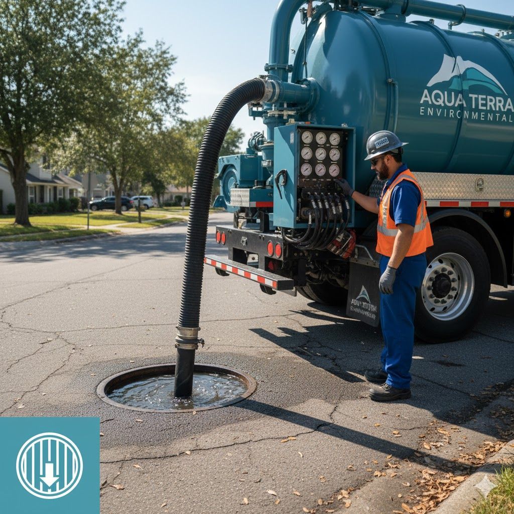 Man in safety vest operates a vacuum truck over a manhole on a street.