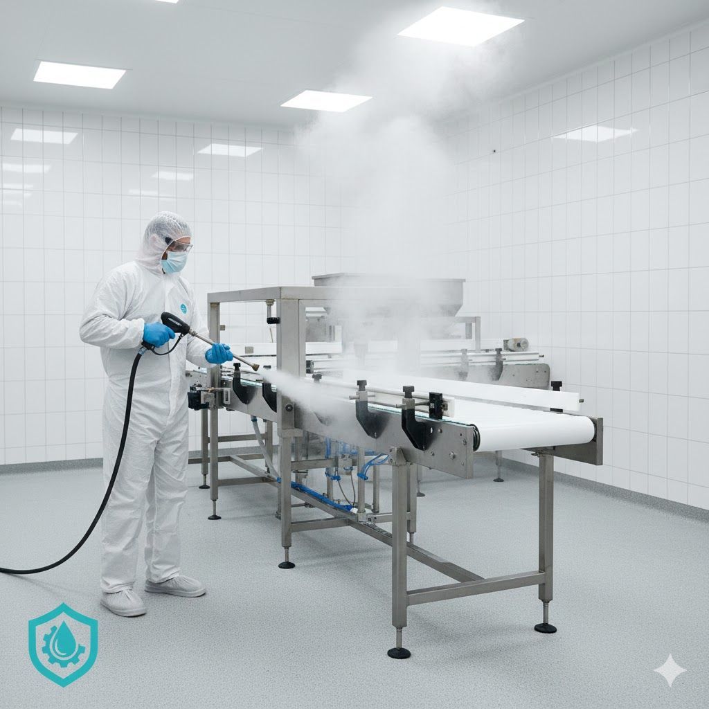 Person in protective suit sanitizing equipment in a sterile white room. Spray creates a fog.