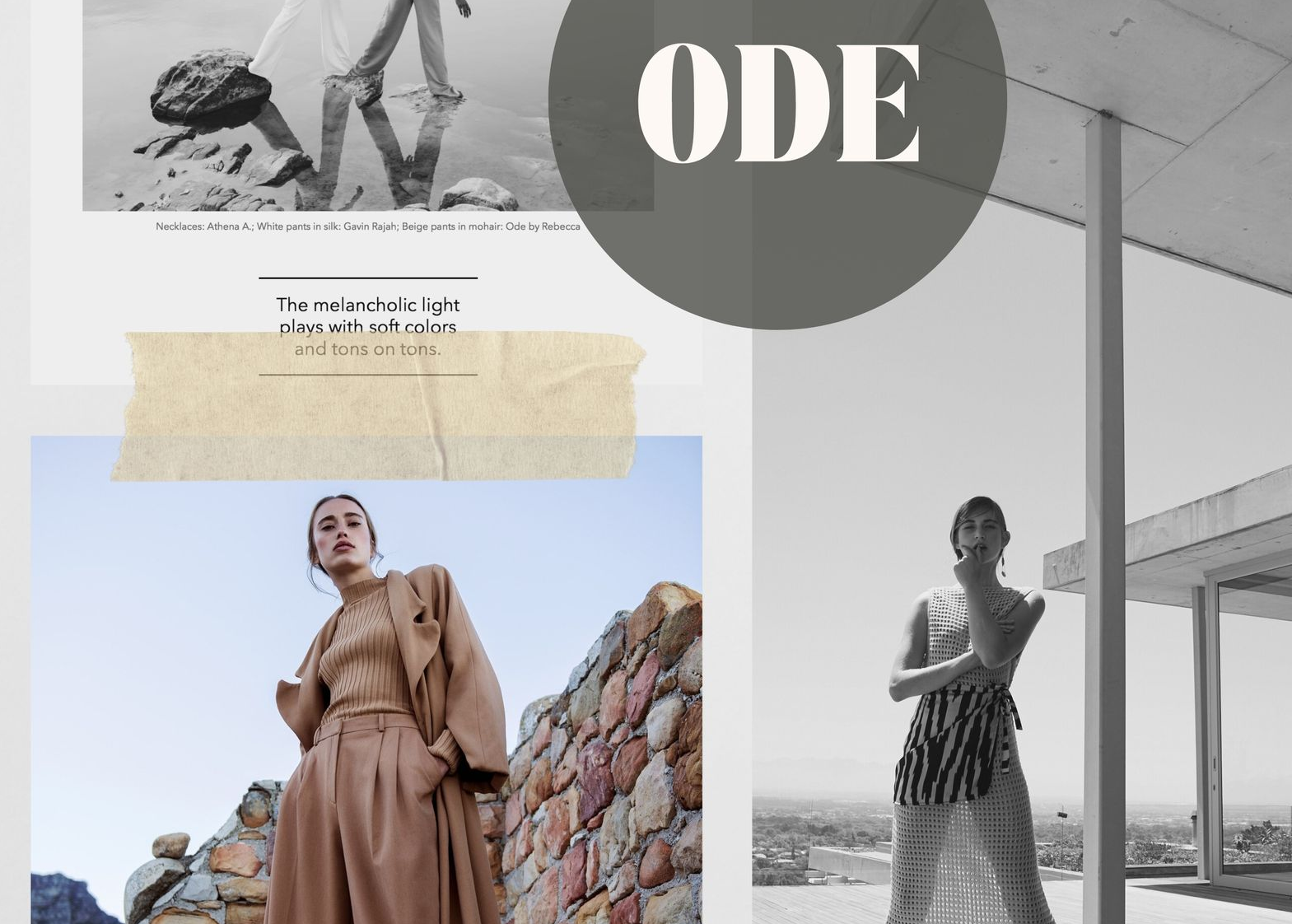 Fashion editorial layout with models posing. Includes stone wall, modern architecture, and beach shots.