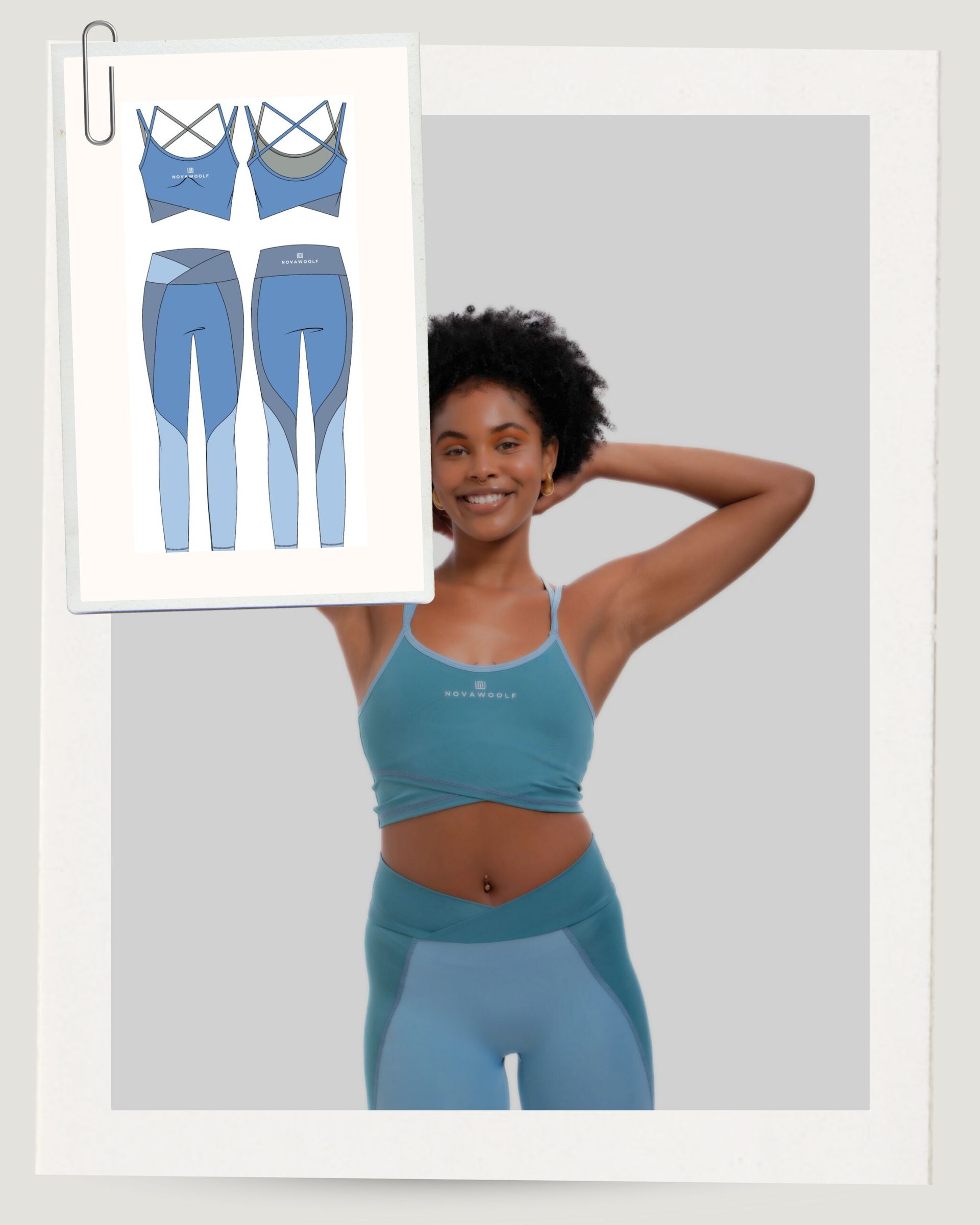 Woman in blue activewear, smiling, holding arms up, with a drawing of the outfit clipped above.
