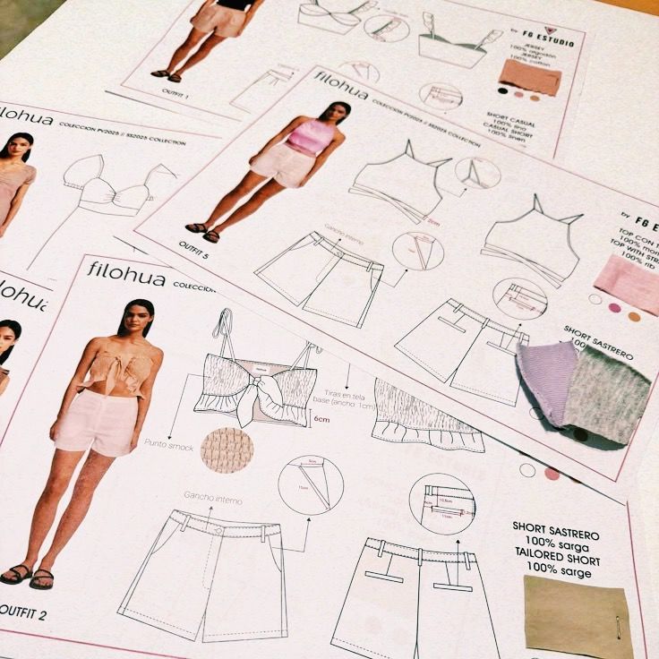 Fashion design sketches with models wearing shorts and tops in shades of pink.