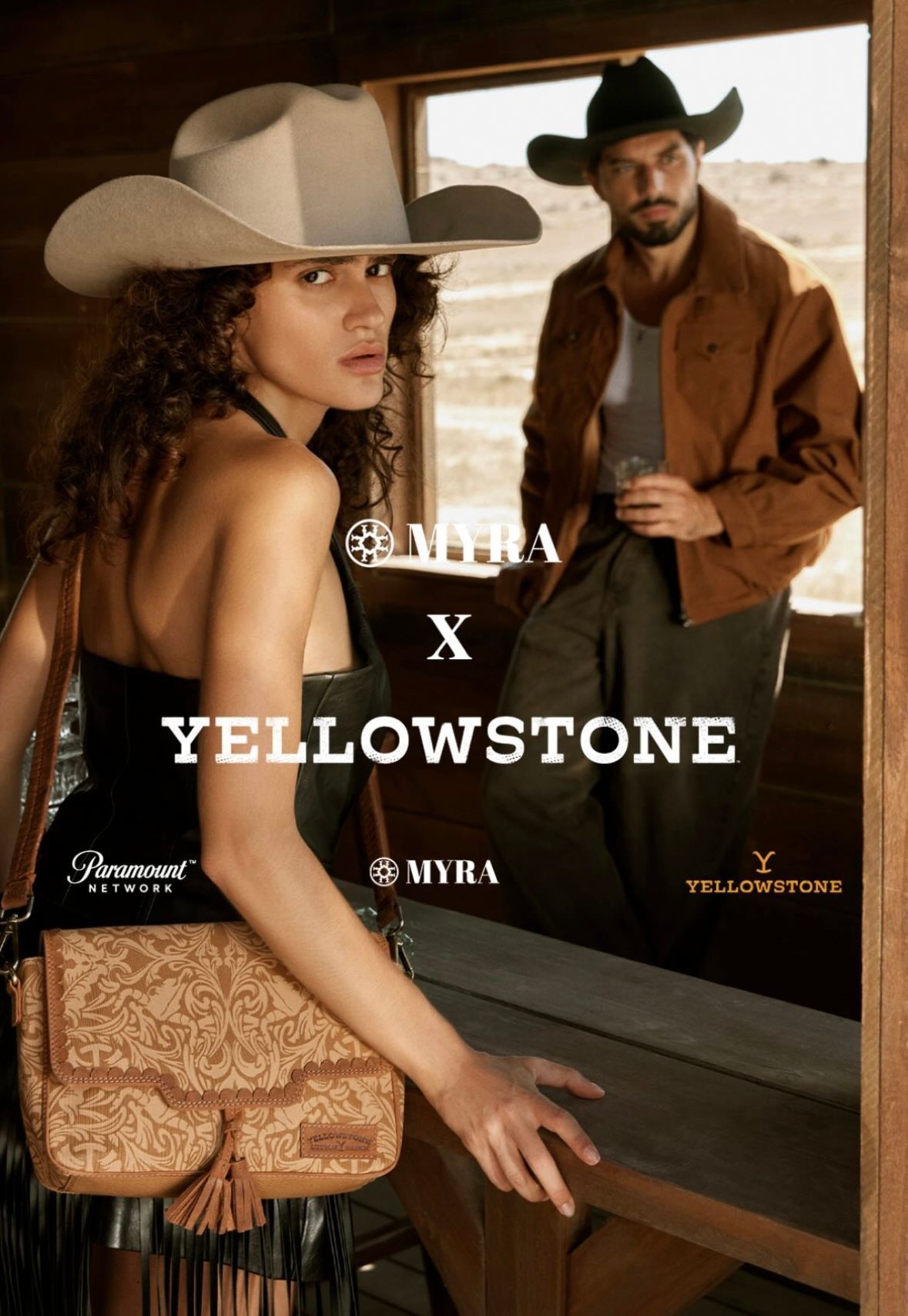 Woman in cowboy hat and bag, man in hat and jacket, promoting Myra x Yellowstone products.