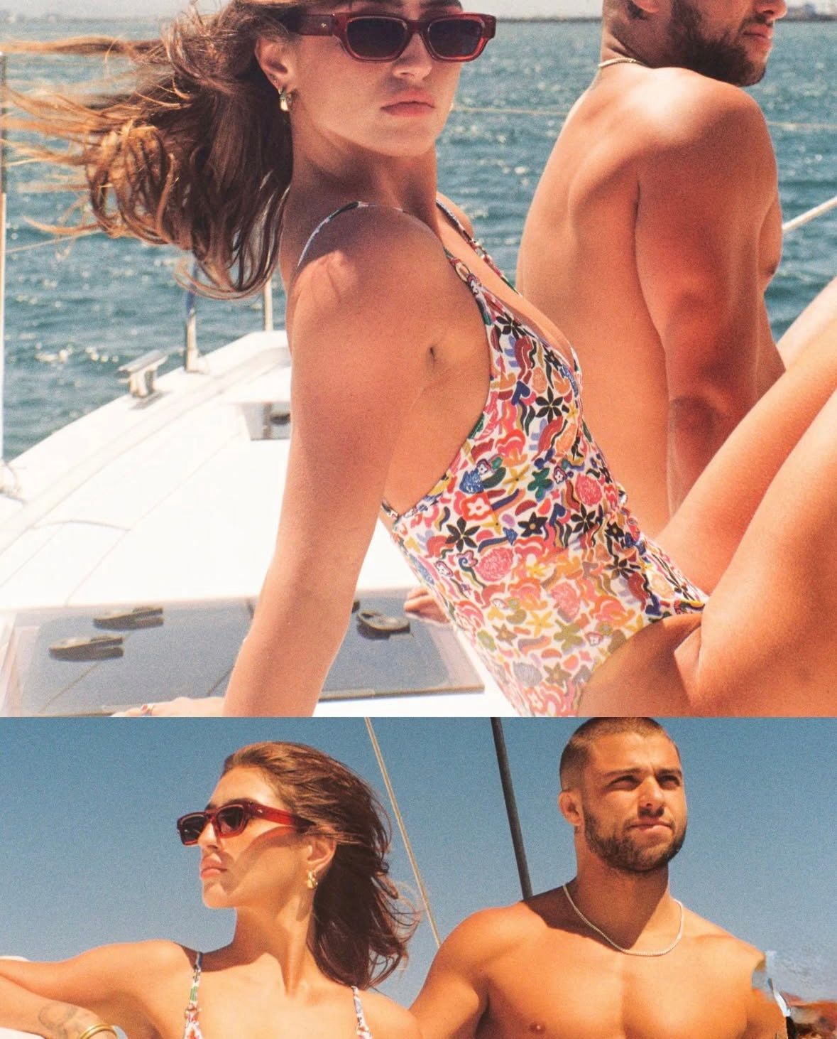 Woman in floral swimsuit and sunglasses on boat with partially visible man.