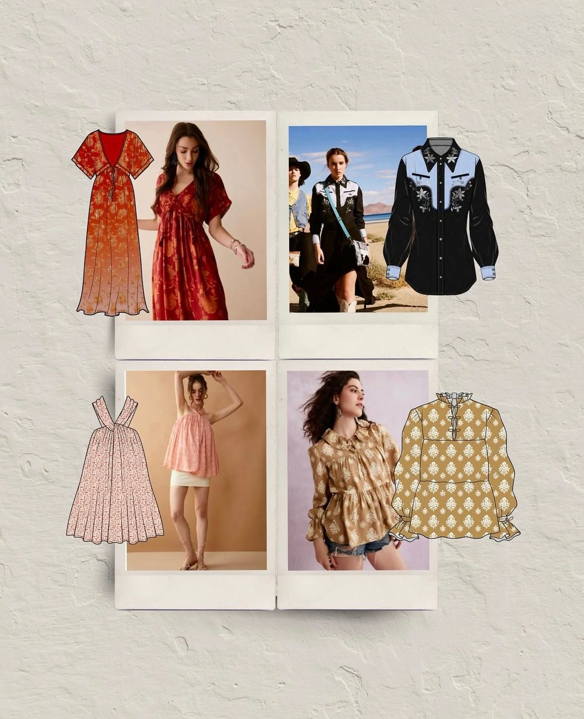Clothing collection collage: dresses, blouses, shirts, and a woman in desert.