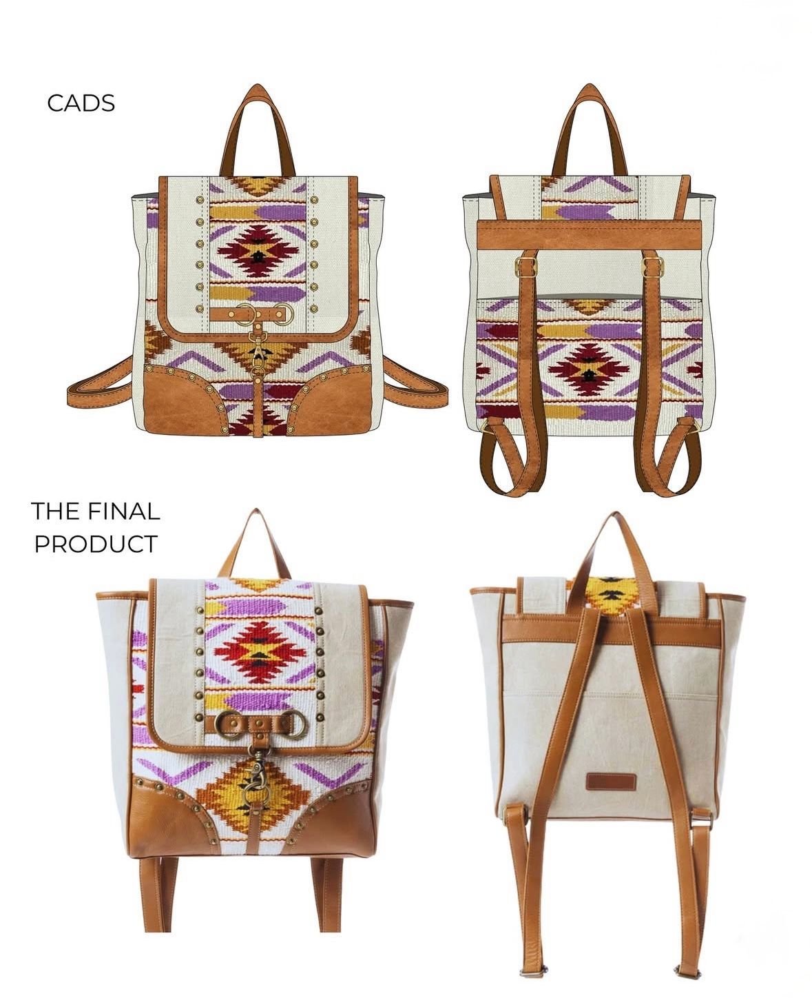 CADs and final product of a backpack. White canvas with colorful geometric pattern. Brown leather accents.
