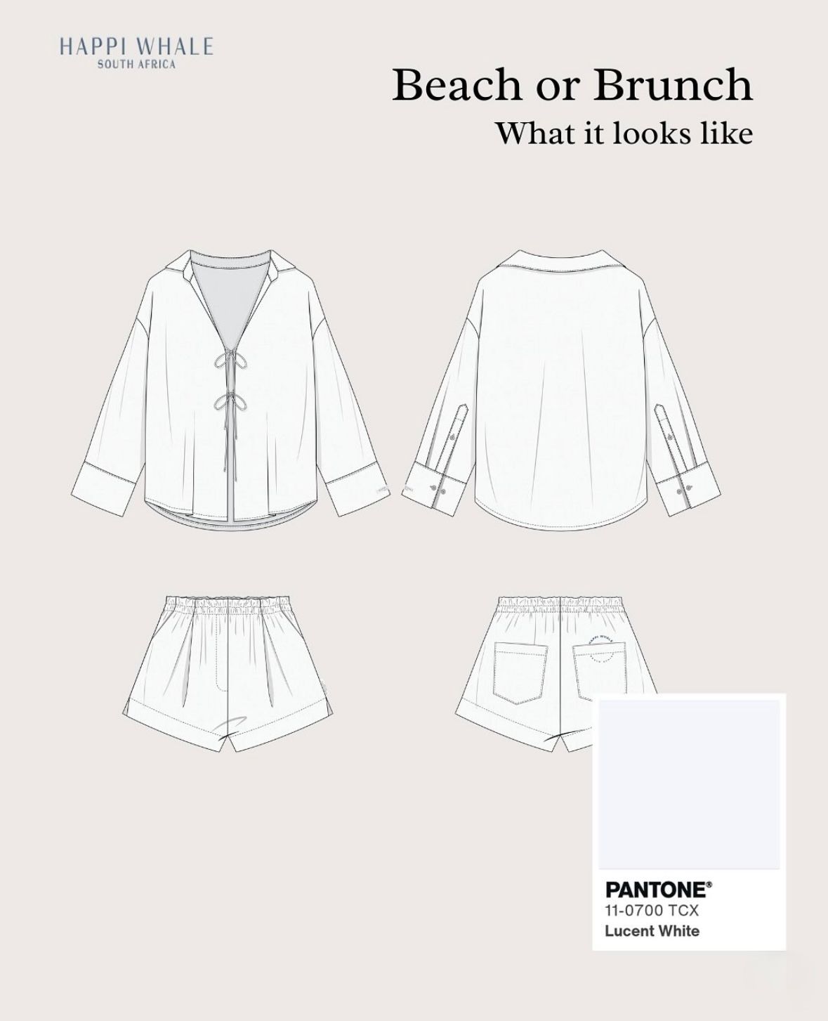 White beach or brunch outfit design with a light purple background and a Pantone color swatch.