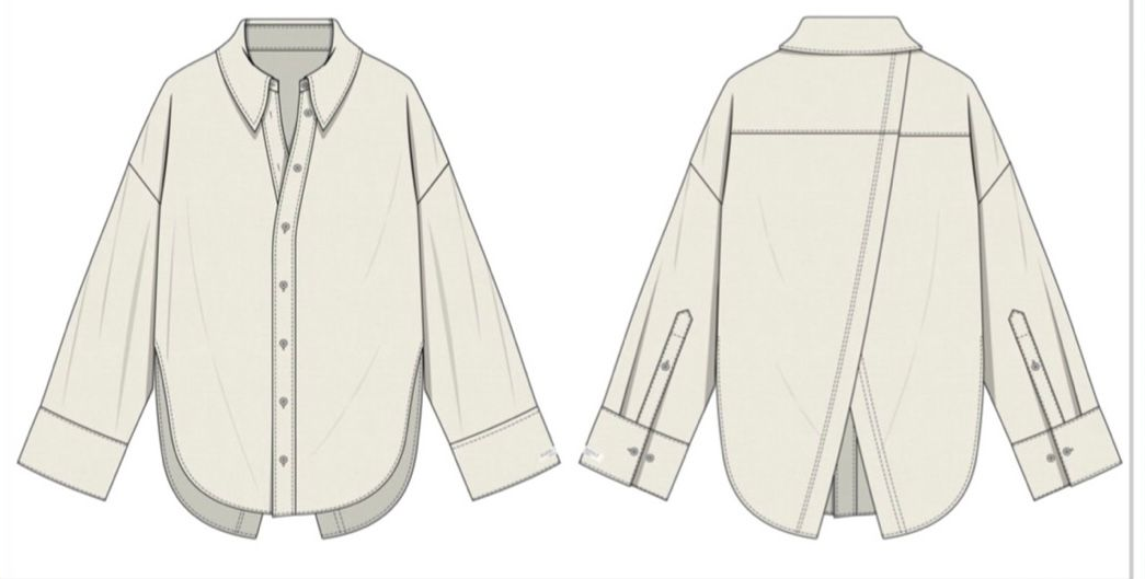 Front and back view of a cream-colored, long-sleeved button-down shirt with a split back detail.