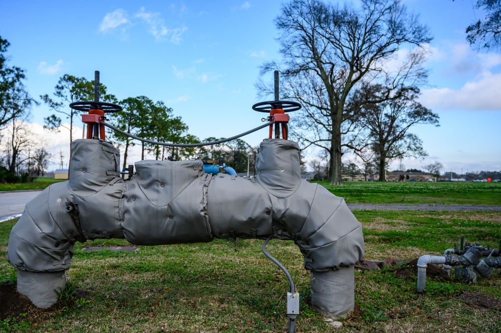Insulated Industrial Valves on Pipes in a Grassy Outdoor Field Under a Blue Sky — PlumbPlus in Kawana, QLD
