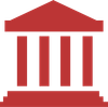 A red and white icon of a building with columns.