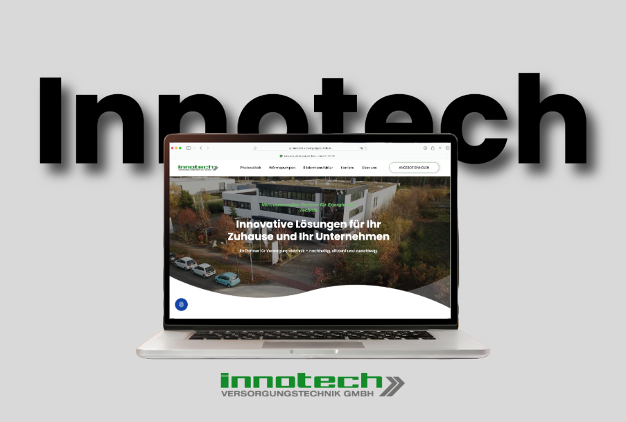 Auf einem Laptop ist eine Website namens „Innotech Versorgungstechnik GmbH“ geöffnet.