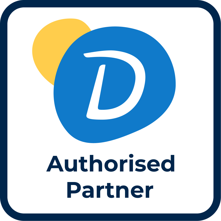 Ein blau-gelbes Logo mit der Aufschrift „Autorisierter Partner“. Auf der MarModify Website.