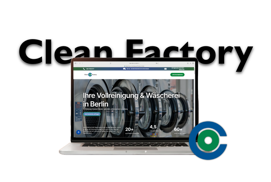 Auf einem Laptop ist die Website von dem unternehmen Clean Factory geöffnet.
