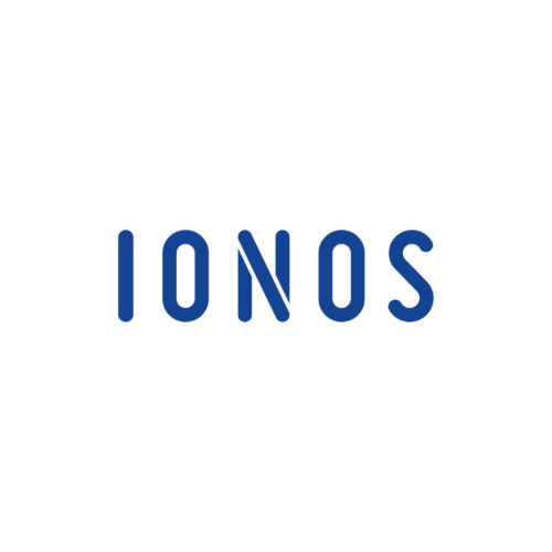 Das Logo von Ionos ist blau und weiß auf weißem Hintergrund. Auf der MarModify Partnerschaftenseite.