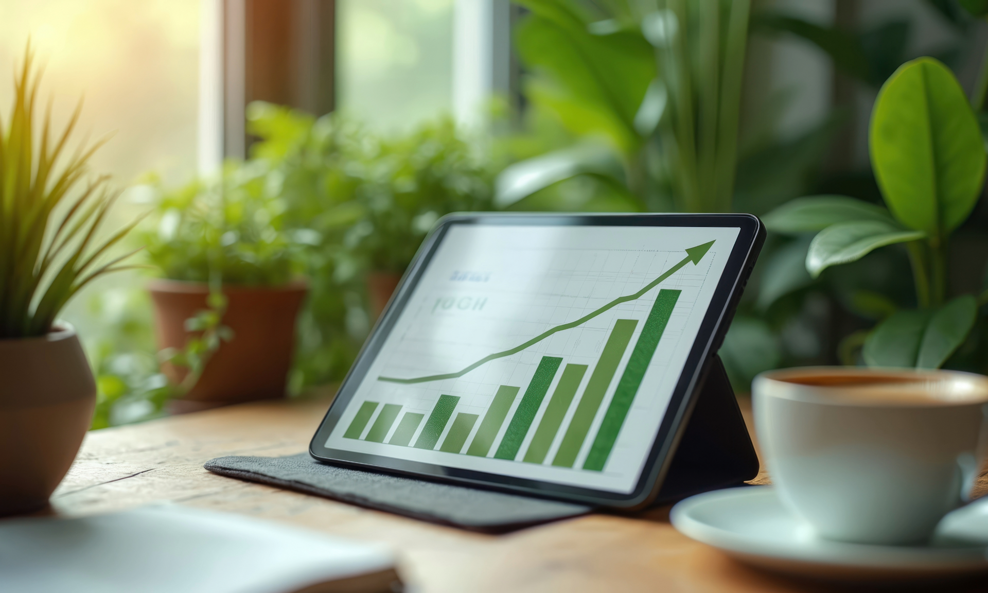 Ein Tablet zeigt eine grüne Balken- und Liniendiagramm mit aufsteigendem Trend, platziert auf einem Holztisch zwischen Zimmerpflanzen und einer Kaffeetasse, im natürlichen Licht eines Fensters.