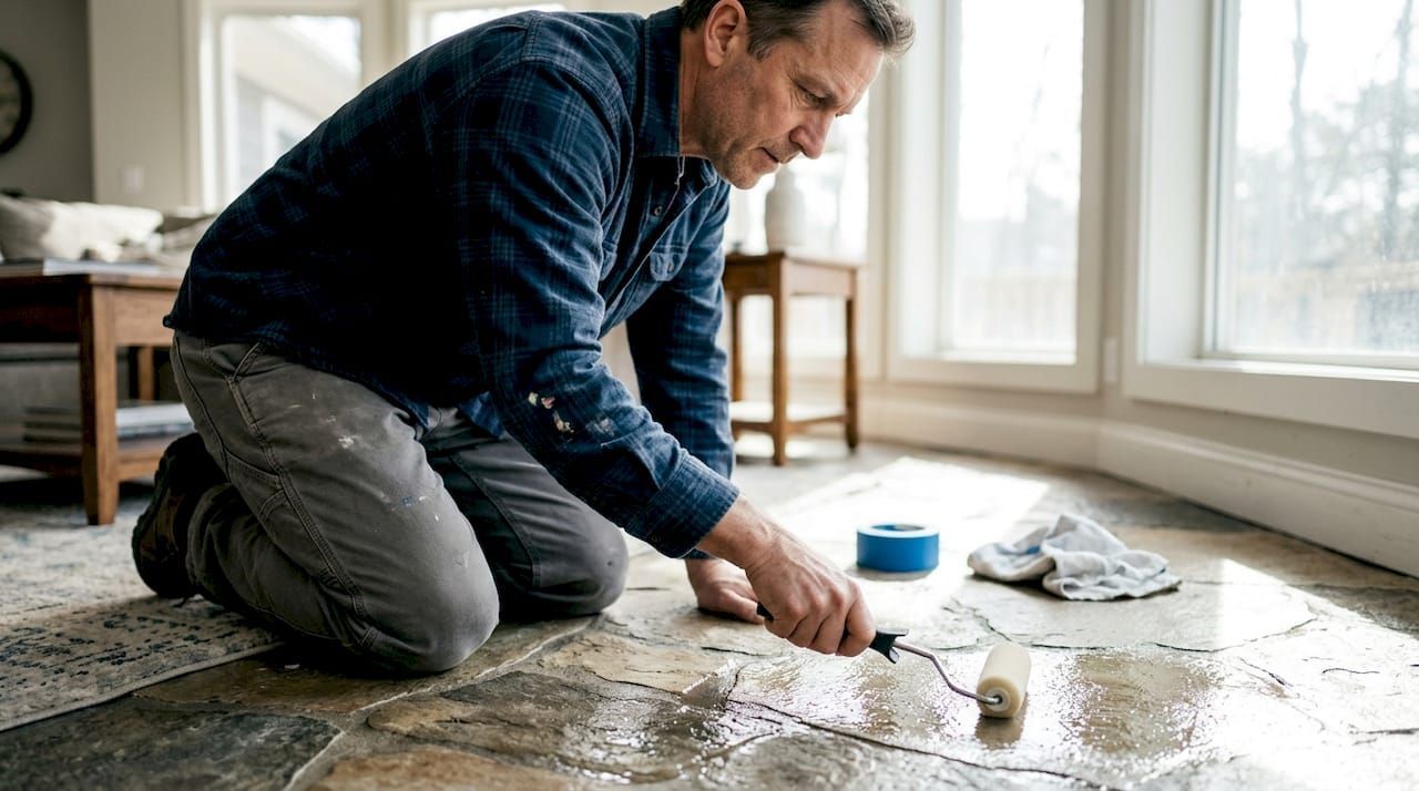 Applying acid-free cleaner on stone tile