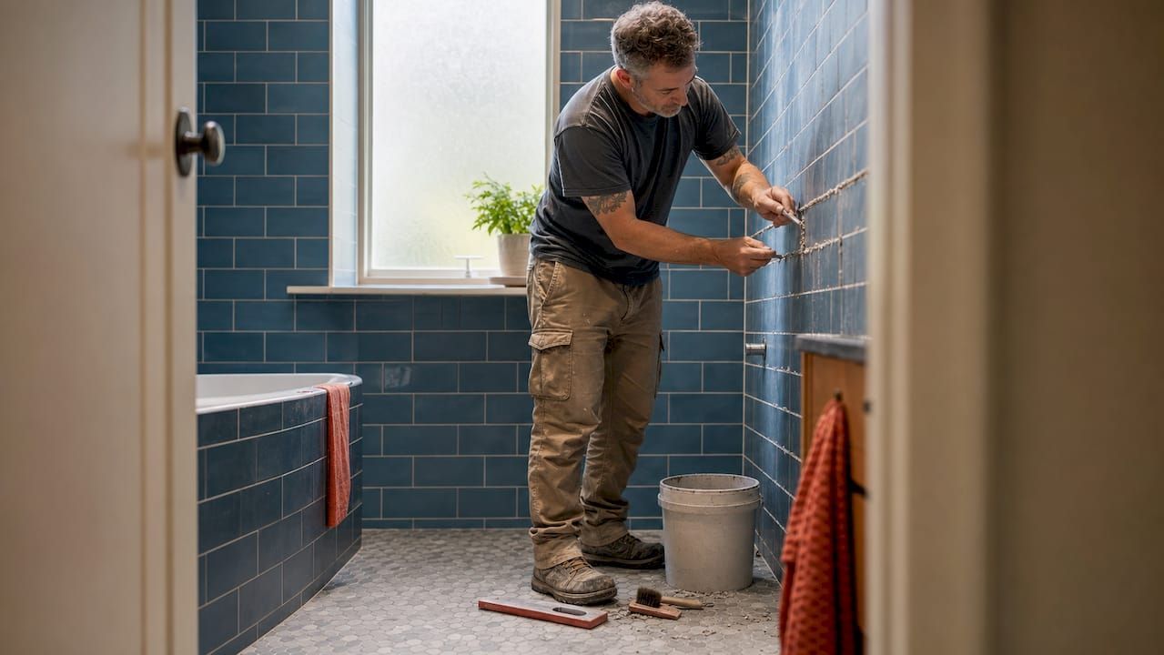 Contractor replacing damaged grout