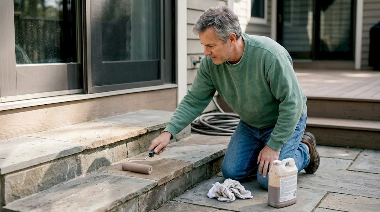 Scrubbing stone surface with soft brush