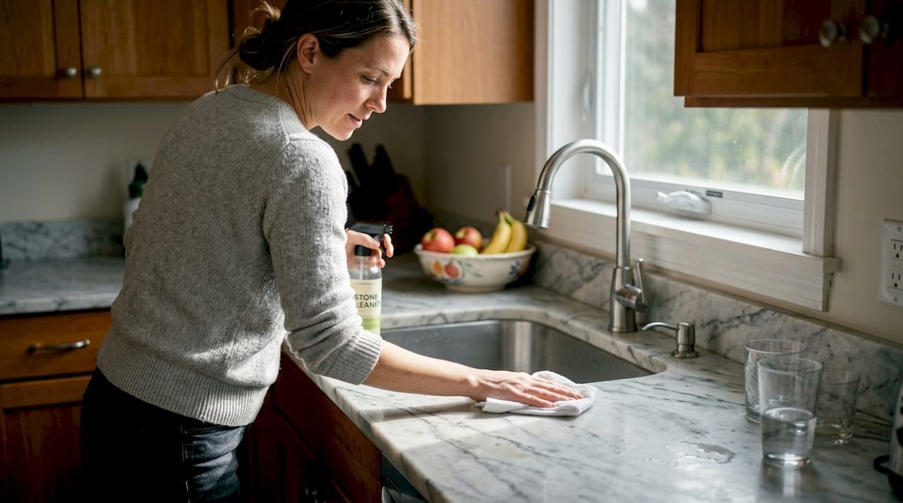 Shiny marble countertop after safe cleaning