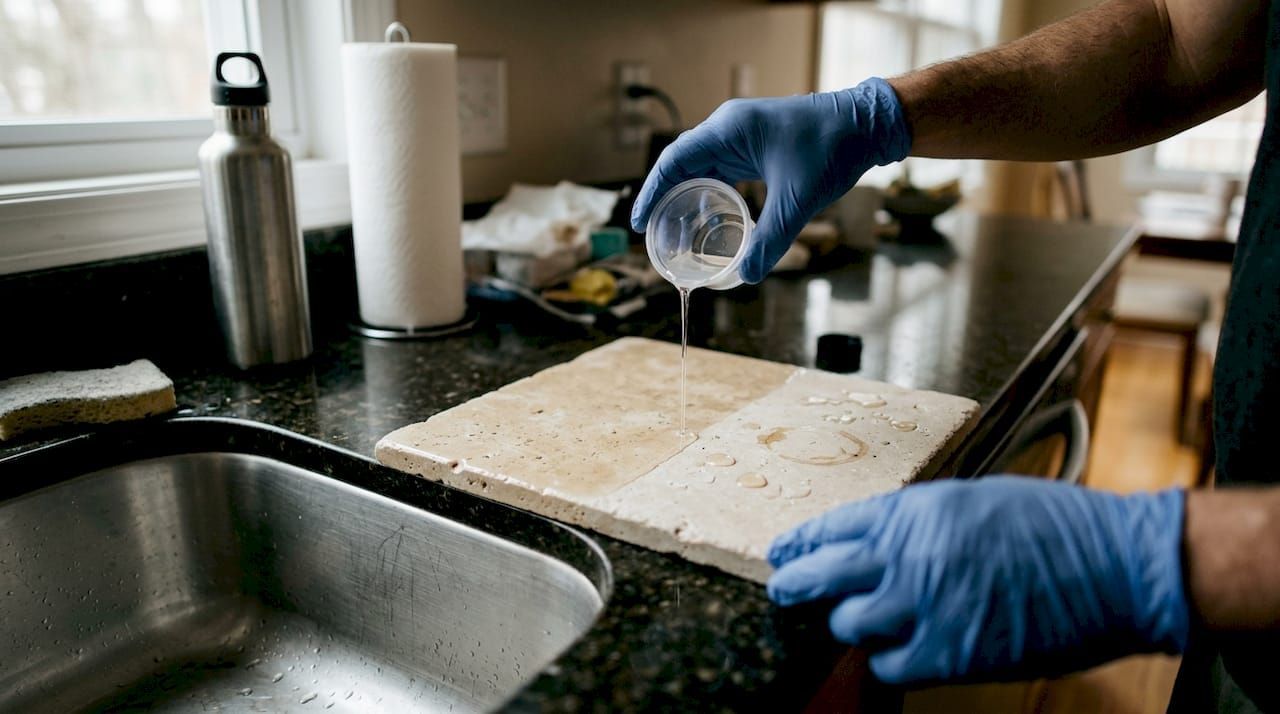 Water beading on sealed stone surface