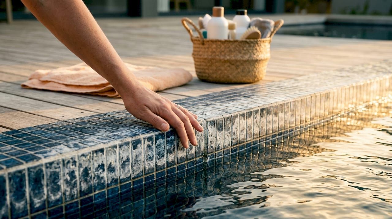 White haze on pool tiles