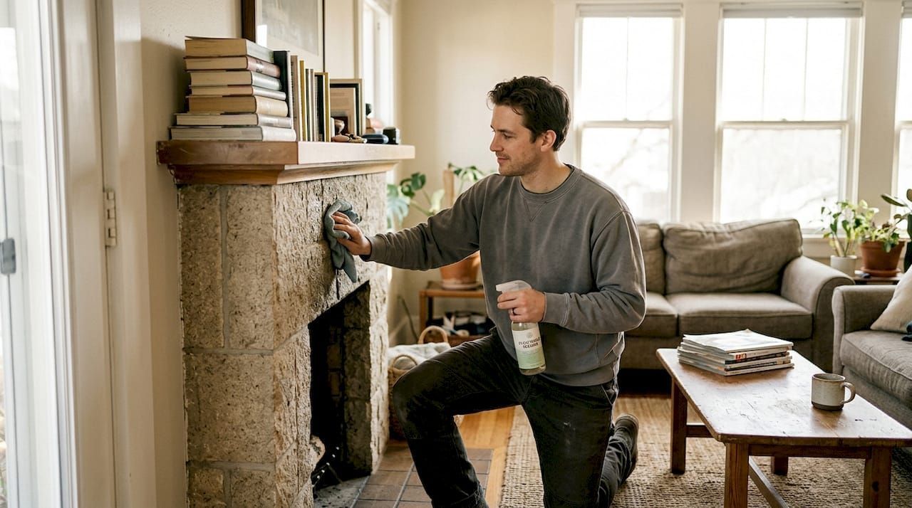 Worker sealing natural stone flooring